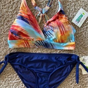 Women’s Next swimsuit bikini sports bra top and blue bottoms Large D Cup 36D NWT